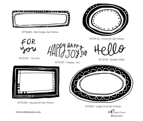 Kae Pea | KPZDF07 - Zen Doodle Frames & Words Set - Rubber Art Stamps